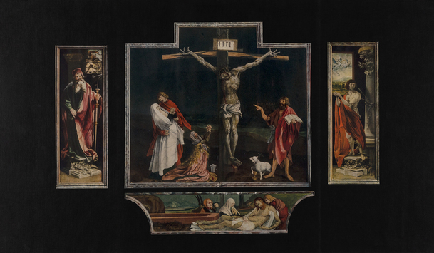 Vorschaubild Matthias Grünewald: Isenheimer Altar, geschlossen: Kreuzigung und Grablegung, Hl. Antonius und Hl. Sebastian